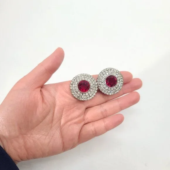 Hobé Ruby Red Rhinestone Clip Earrings Silver Tone Round Halo Art Deco Regency - Picture 6 of 9